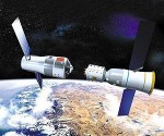Artist's conception of docking between Tiangong-1 and a Shenzhou space capsule.