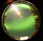A fisheye photo taken by an automated camera near the entrance gate at the Poker Flat Research Range in Fairbanks, Ala., as a suborbital rocket launches into the northern lights on a science mission on Feb. 18, 2012 (Credits: Donald Hampton/Space.com).