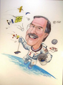 Don Kessler cleaning up the space debris in a caricature by Pat Rawlings.