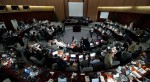 Journalists in Pyongyang work in front of a blank screen on April 13 (Credits: Ed Jones/Agence France-Presse/Getty Images).
