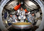 Shenzhou-7 crew Jing Haipeng, left, Zhai Zhigang, center, and Liu Boming (Credits: CMSE/AP).