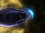 An artist's concept of the Earth's global magnetic field, with the bow shock. Earth is in the middle of the image, surrounded by its magnetic field, represented by purple lines. The bow shock is the blue crescent on the right. Many energetic particles in the solar wind, represented in gold, are deflected by Earth's magnetic "shield" (Credits: Walt Feimer (HTSI)/NASA/Goddard Space Flight Center Conceptual Image Lab ).