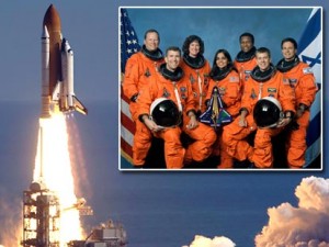 The launch of STS-107 on January 16, 2003. Inset: The Columbia crew (Credits: NASA).