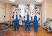 From left to right Soyuz Commander Oleg Novitskiy, Flight Engineer Evgeny Tarelkin and NASA Flight Engineer Kevin Ford at a spacesuit check on October 10 (Credits: NASA).