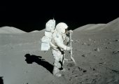 Astronaut Harrison Schmitt collecting rock samples during Apollo 17 mission in December 1972, last manned mission to the moon (Credits: NASA).