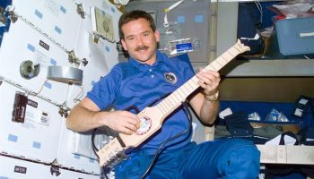 Chris Hadfield plays guitar aboard Mir in 1995 (Credits: Canadian Press/HO/CSA).