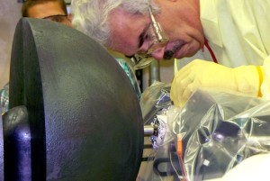 John Bounds, Los Alamos engineer tests a prototype nuclear reactor engine. Source: NASA