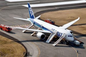 All Nippon Airways flight 692 in Takamatsu after smoke in the cockpit forced an emergency landing. 137 passengers were evacuated, 5 of whom were injured in the process (Credits: Reuters).