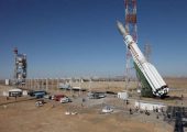 Proton-M is lifted into position at Baikonur (Credits: Roscosmos).