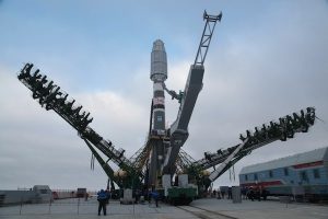 Soyuz-2.1a on the launch pad at Baikonur. The launch, originally scheduled for February 5, was postponed do to weather condition at high altitude (Credits: Roscosmos).