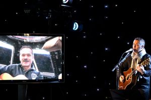 ISS Commander Chris Hadfield and Barenaked Ladies' band member Ed Robertson share a star-lit recording studio (Credits: CBC Music).