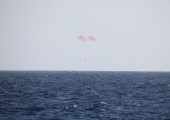 Dragon plunks down in the Pacific Ocean on March 26 after successful completion of CRS-2 (Credits: Space X).