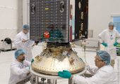 Proba-V is readied to be integrated in the payload “stack” for Vega’s second launch from the Spaceport in French Guiana, which also will orbit the VNREDSat-1 and the ESTCube-1 satellites (Credits: Arianespace).