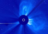 A Mercury-directed CME emitted from AR1719 as recorded by the Solar and Heliospheric Observatory. The Bright dot opposite the eruption is Venus (Credits: NASA/ESA).