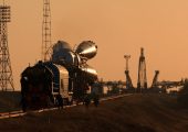 A Soyuz takes the train to the Baikonour launch pad (Credits: NASA).