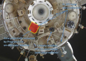 In-orbit view of the aft docking port on the Zvezda service module marking the area potentially impacted by Progress M-19M in April 2013 (Credits: Roscosmos/Anatoly Zak/Russianspaceweb.com).