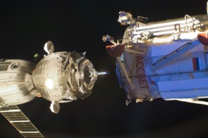 A Soyuz docking to the Rassvet module on ISS (Credits: NASA).
