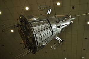 A model of Sputnik 3 hangs in the Konstantin E. Tsiolkovsky State Museum of the History of Cosmonautics (Credits: Енин Арсений).
