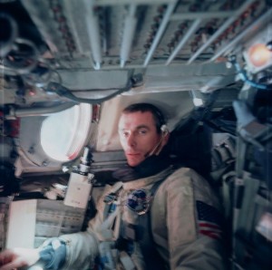 An exhausted Gene Cernan can barely manage a grimace for Tom Stafford’s camera after completing his spacewalk on Gemini IX-A. Had the hands of fate played out a little differently, this seat might instead have been occupied by Charlie Bassett. (Credits: NASA) 