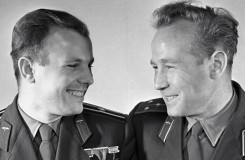 First man in space, Yuri Gagarin (left) with fellow cosmonaut Aleksey Leonov, the first man to undertake a spacewalk (Credits: RIA Novosti).