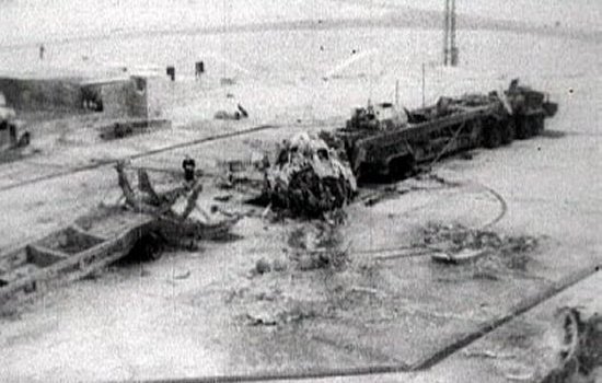 Remains of the R-16 and its launch pad after the Nedelin Catastrophe