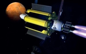 Artist’s conception of a deep space spaceship, using water tanks as radiation shielding (Credits: NASA).