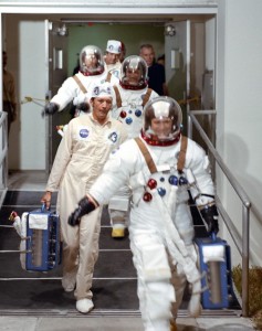 Gerry Carr leads his crew out of the astronaut quarters at the Kennedy Space Center in the hours before launch (Credits: NASA).