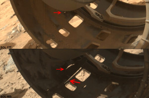 Zoomed-in images of wear on Curiosity’s left-front wheel. The top image is from Sol 177 and the bottom image is from Sol 488 (Credits: NASA/JPL).