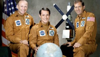 The crew of America’s final Skylab mission: Gerry Carr, Ed Gibson, and Bill Pogue. They were the first humans to spend New Year in space in 1973-74 (Credits: NASA).