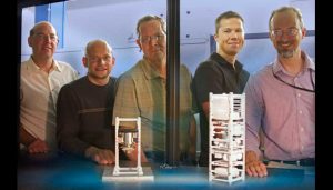 From left to right: Brian Bauman, Vincent Riot, Darrell Carter, Lance Simms and Wim De Vries have developed and tested land-based mini-satellites that eventually will be used in space to help control traffic in space (Credits: Julie Russell/LLNL).