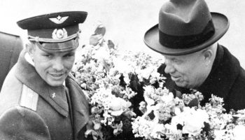 Yuri Gagarin (left) was proudly displayed to the world by a joyful Nikita Khrushchev (right), who recognized the political and ideological advantage which his flight had acquired over the United States (Credits: Roscosmos/The Telegraph).