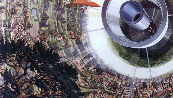 Artist’s rendition of the inside of a Bernal sphere, showing human-powered flight near the low-g center of the habitat (Credits: Rick Guidice/NASA).