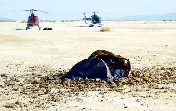 The Genesis sample return capsule on the ground in Utah. Missions like Genesis, which returned particles of solar wind, face less stringent requirements in terms of planetary protection (Credits: NASA/JPL).