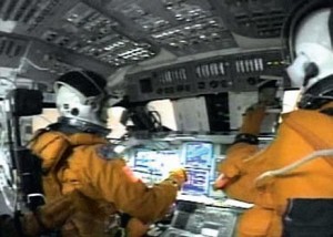 A frame from a tape recording taken by the crew 4 minutes before the breakup (Credits: NASA).