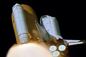 A color enhanced, de-blurred still frame of the foam strike, derived from video recording (Credits: NASA).