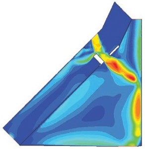 Computational fluid dynamics analysis of the speed of the superheated air as it entered the breach in RCC panel 8 and travels through the wing leading edge spar. The darkest red color indicates speeds of over 6,400 km/h; temperatures likely exceeded 2,760 degrees Celsius (Credits: NASA Ref [1] p69).