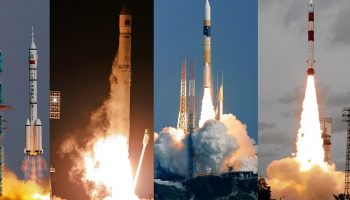 A Chinese Long March II-F rocket loaded with a Shenzhou-9 spacecraft carrying Chinese astronauts; a Russian Zenit-2SB rocket with a Phobos-Grunt spacecraft; a Japanese H-2A rocket carrying a radar satellite; and an Indian PSLV-C18 rocket carrying an Indian-French satellite. - Credits: Reuters; Associated Press; Associated Press and Agence France-Presse/Getty Images.