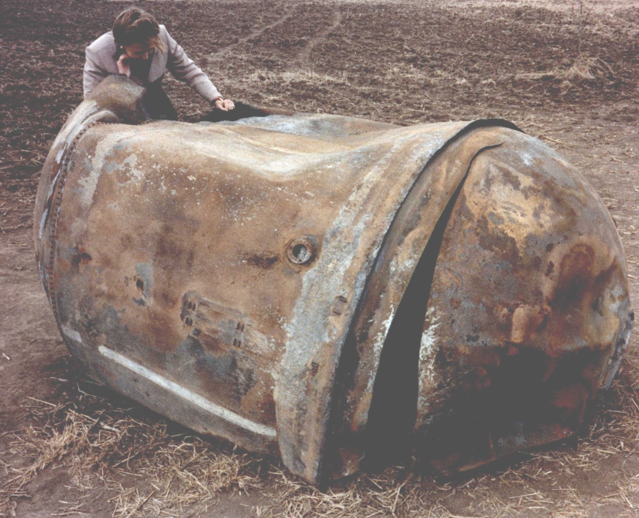 Main propellant tank of the second stage of a Delta 2 launch vehicle which landed near Georgetown, TX (Year - 1997), which weighs about 250 kg tank. Credits: NASA