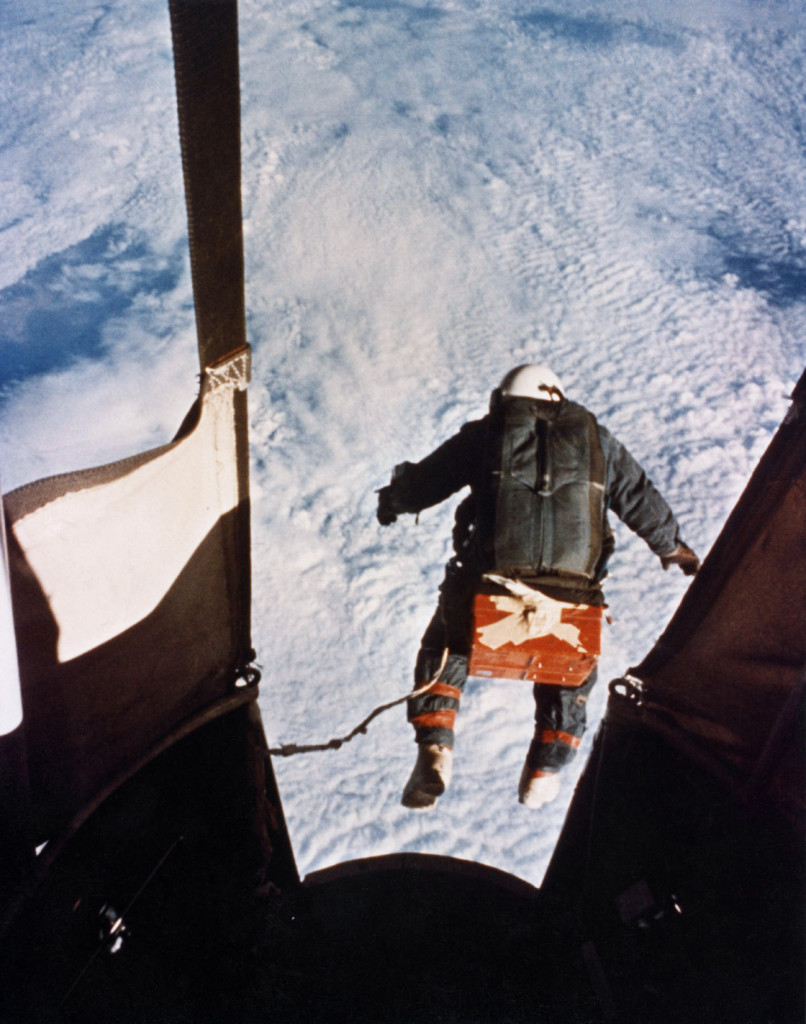 Col. Joseph Kittinger, just after he stepped out from the gondola, on Aug 16, 1960 (Credits: USAF)