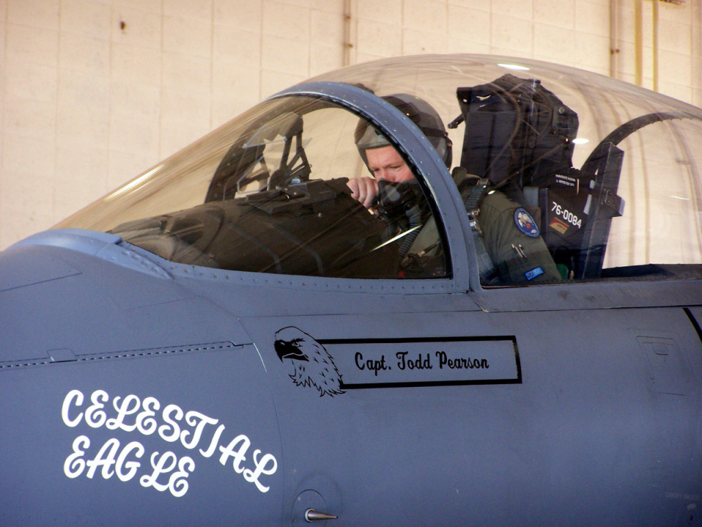 Capt. Todd Pearson, during the Celestial Eagle Remembrance Flight in 2007 at Homestead Air Reserve Base, Fla. Captain Pearson’s father, retired Maj. Gen. “Doug” Pearson, flew the exact same F-15 in 1985.  (Credits: U.S. Air Force photo/Senior Airman Erik Hofmeyer)