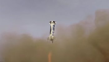 The New Shepard rocket, moments before its first successful landing. credits: Blue Origin