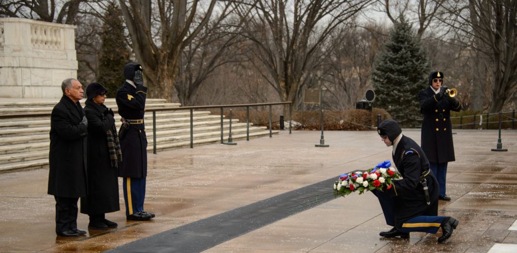 NASA Administrator Charles Bolden and his wife Alexis lay a wreath at the Tomb of the Unknowns as part of NASA's Day of Remembrance, Friday, Jan. 31, 2014, at Arlington National Cemetery. The wreaths were laid in memory of those men and women who lost their lives in the quest for space exploration. Photo Credit: (NASA/Bill Ingalls)