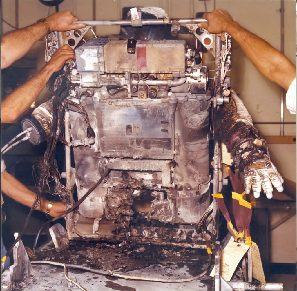 Post-incident analysis of the EMU life support system revealed that the fire was intense enough to burn aluminum. Credits: NASA