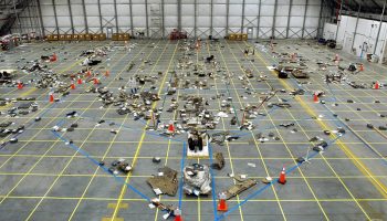 Remnants of the Space Shuttle Columbia disaster, stored in the RLV hangar at Kennedy Space Center (Credits: NASA).