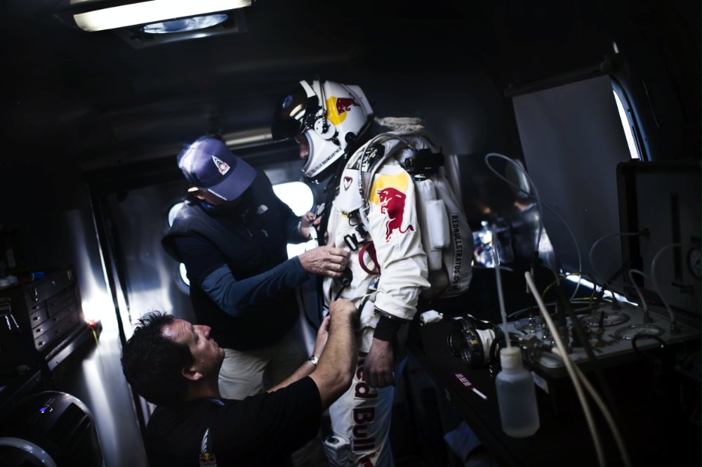 Baumgartner wears his specially designed spacesuit to be protected from the hazardous conditions of stratosphere.