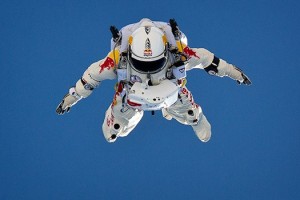 Leaping Into The Unknown BASE jumper Felix Baumgartner plummets toward Earth in a spacesuit during a test skydive. The grand attempt will be a jump from 120,000 feet. Jay Nemeth/Red Bull Content Pool. 