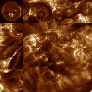 The Hi-C imager targeted the region of the Sun shown in the top left image from SDO. The border images are subsets of the large image recorded by Hi-C and show the filament-like nature of the observed region (Credits: Amy Winebarger/NASA).