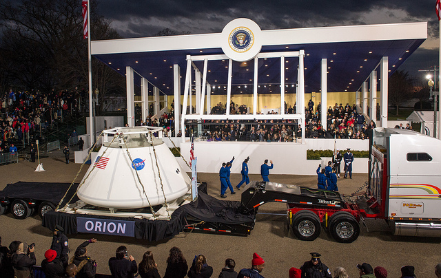 Orion being towed past the Presidential Pavilion (Credits: NASA).