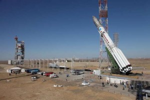 Proton-M is lifted into position at Baikonur (Credits: Roscosmos).