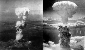 The explosion of an atomic bomb over Hirosima (left) and Nagasaki (right)